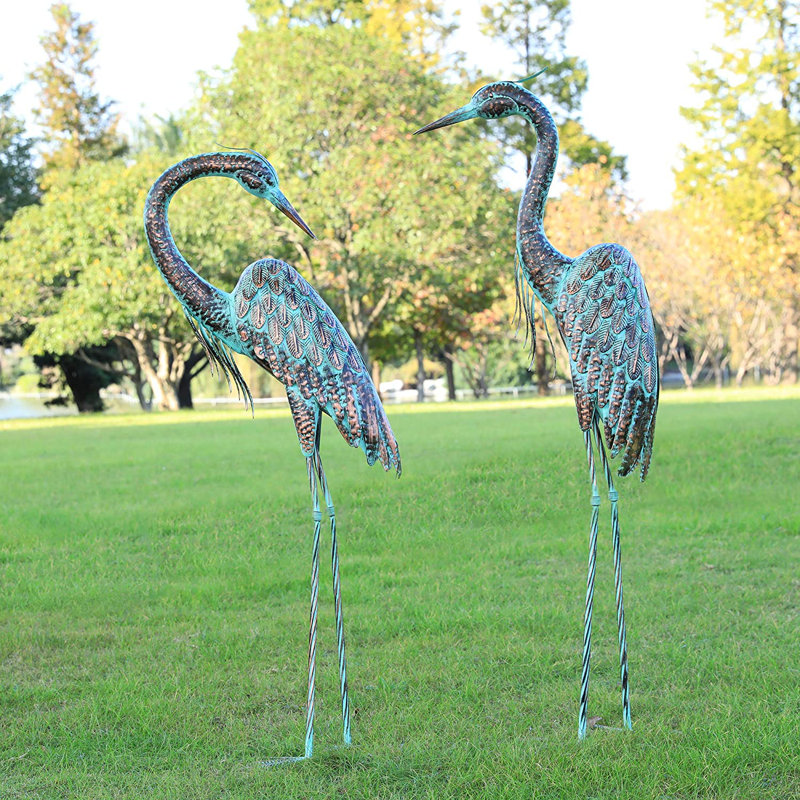Rosecliff Heights Garden Crane Statues, Standing Metal Patina Heron